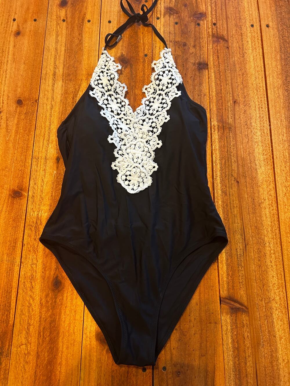 Black Halter One-Piece Swimsuit with White Crochet Lace Plunge Neck Size L